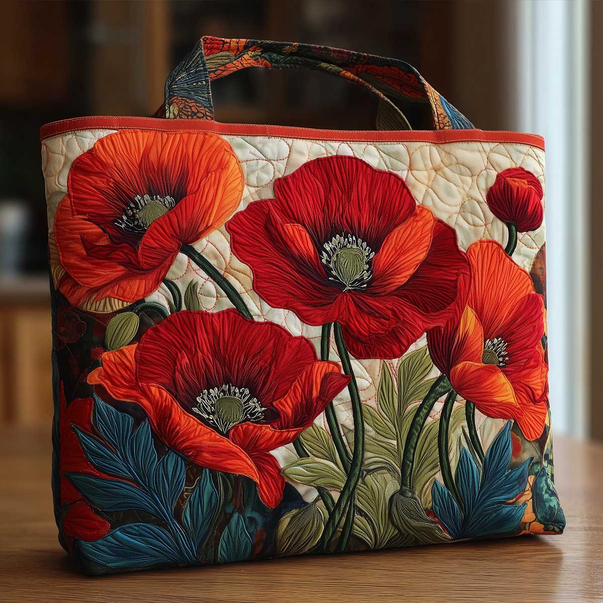 TEMU Vintage Red Poppy Flower Quilted Tote Bag Large Capacity Women's Shopping Bag With Wild Poppy Flower And Leaf Design Bohemian Countryside Plant