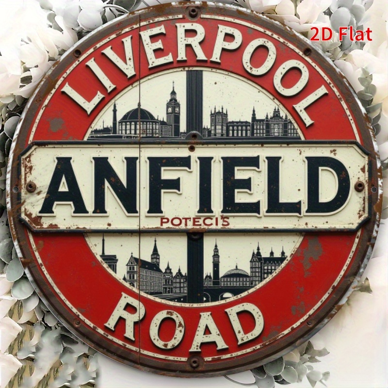 E-shop 2D Flach, Anfield Metallschild - Rustikale Aluminium Wandkunst, 20,32x20,32cm, Rot & Weiß Vintage-Design, für Zuhause, Bar, Garage oder