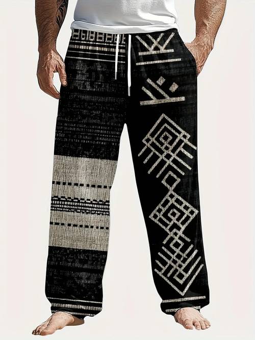 herren sommerhose im ethnischen stil mit weitem bein aufdruck – lässige lockere passform, geometrisches muster, kordelzugbund, polyesterfaserstoff, für strand outdoor-freizeit, strandhose, übergrösse
