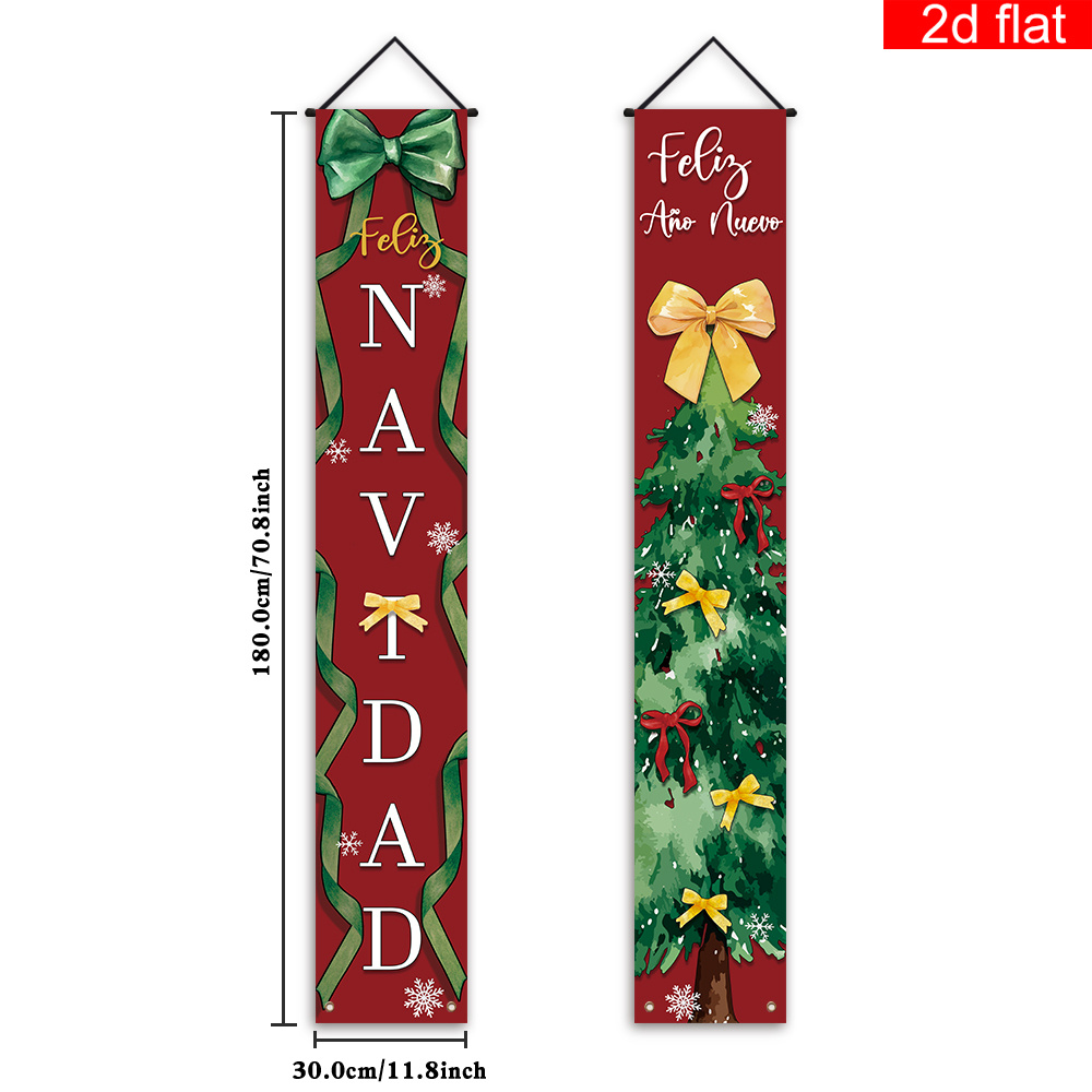 TEMU 2d Flat, 2d Flat Banner, 1 Pair Spanish Merry Christmas Front Door Porch Sign Party Banner With Christmas Tree , Suitable For Winter Christmas