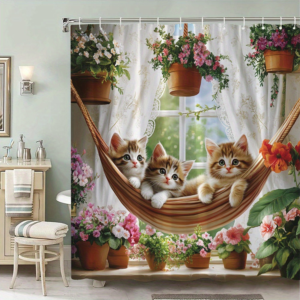 TEMU 1pc Fluffy Kittens In Wooden Hammock Shower Curtain, Cozy And Cat Scene With Vibrant Flowers, Homely Design, Polyester Bathroom Curtain With 12