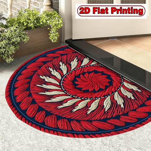 artikel foto halfronde deurmat met 2d platte bedrukking - imitatie borduurtextuur rode bloem - antislip flanellen halfronde deurmat | wasbare duurzame mat voor binnen, buiten, entree, slaapkamer, binnenplaats, huisdecoratie, housewarmingcadeau, 2d plat