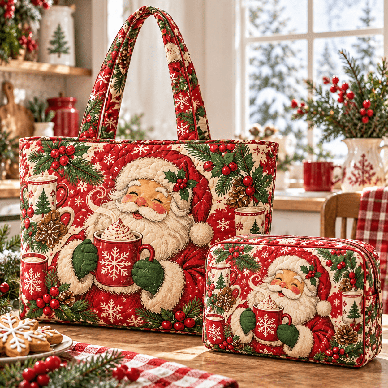TEMU 2pcs Women's Large Quilted Tote Bag & Cosmetic Pouch Set With Matching Pouch - Cozy Santa Mug & Poinsettia, Sturdy Carryall Suitable For Work,
