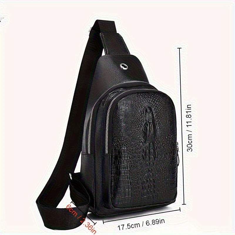 [Men's Chest Bag] Lightweight, Durable Men's Chest Bag | Stylish Crocodile Pattern with Earphone Hole | Black Animal Print Design, Polyester Lining, Hand Wash or Dry Clean for Outdoor Travel, Casual Outings, and Daily Use