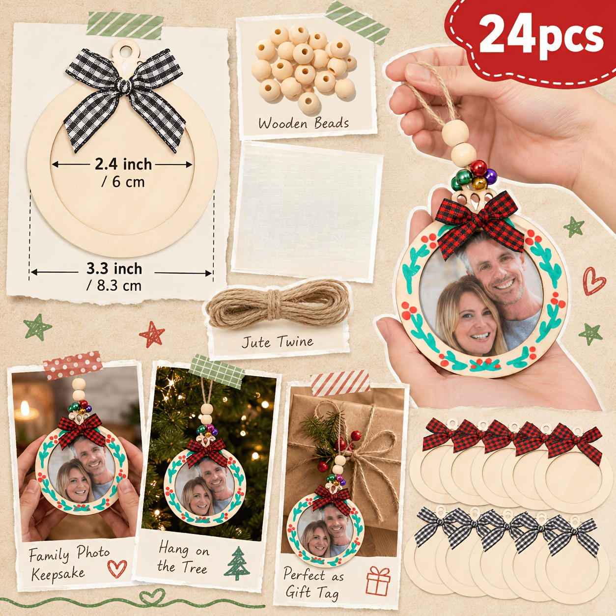 TEMU 24pcs Blank Wooden Photo Ornaments Set With Bows, Wooden Beads, , Christmas Market Crafts, Christmas Tree Hanging Decorations, Winter Window