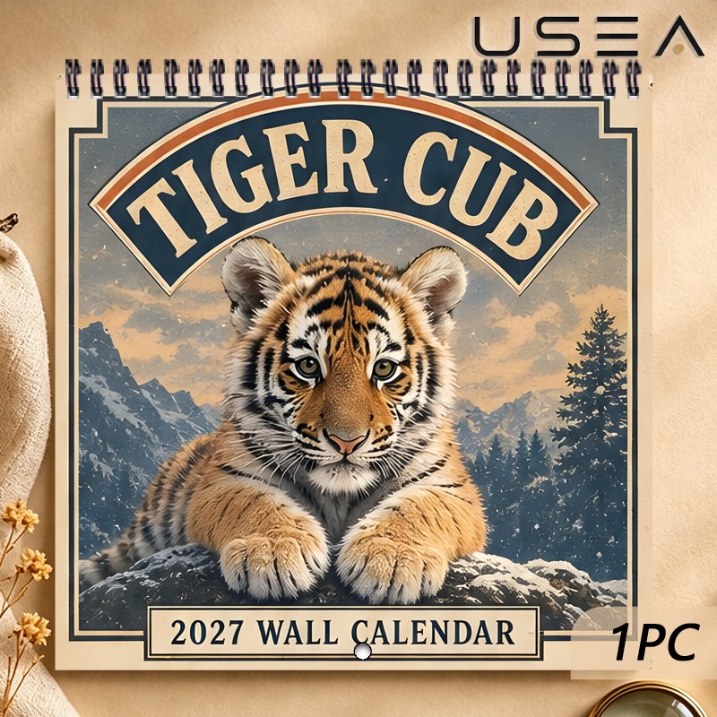 TEMU 2027 Wall Calendar, 2027 Wall Calendar, Vintage Tiger Cub Themed Monthly Planner, 12-month Yearly Organizer With Habit , Twin Wire Spiral