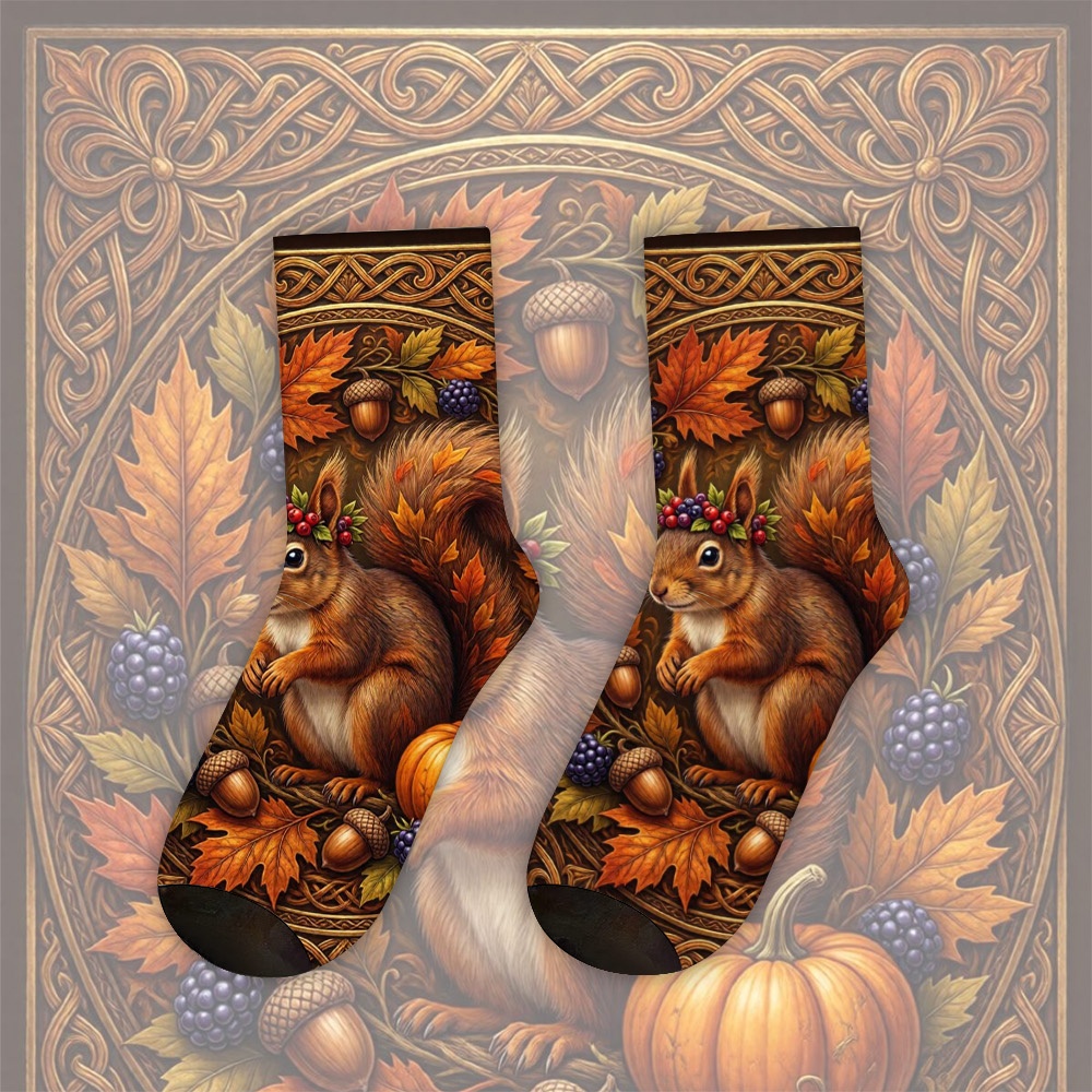 TEMU A Unique Pair Of Socks Designed With Autumn Squirrel Harvest Medallion For Women& Men, Sock| Ideal For Party Costume, Gifts, Daily Wear