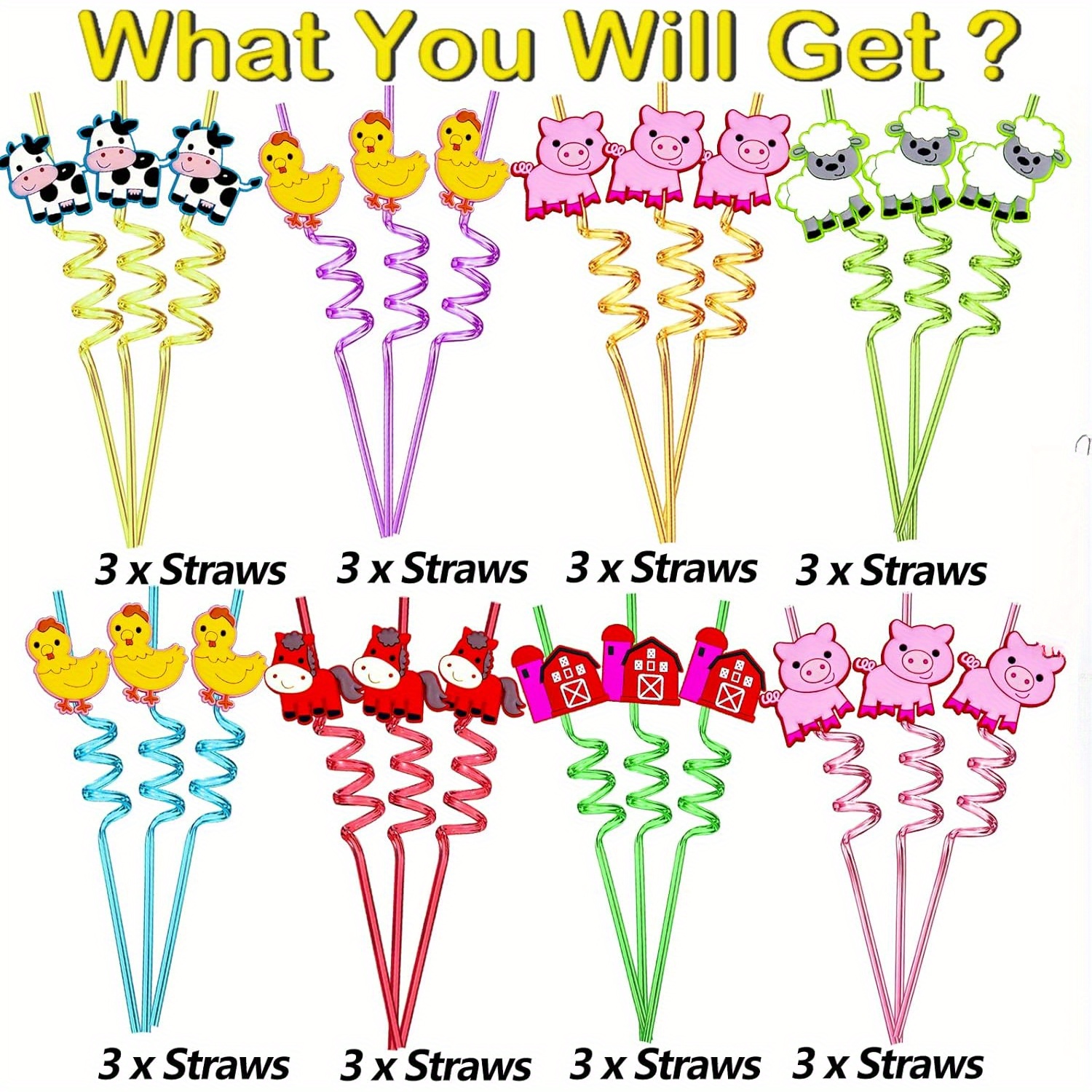 Image of 24-pack Farm-themed Reusable Straws, Suitable For Events, Parties, Birthdays, Featuring Cows, Horses, Pigs, Sheep, Chickens, And More