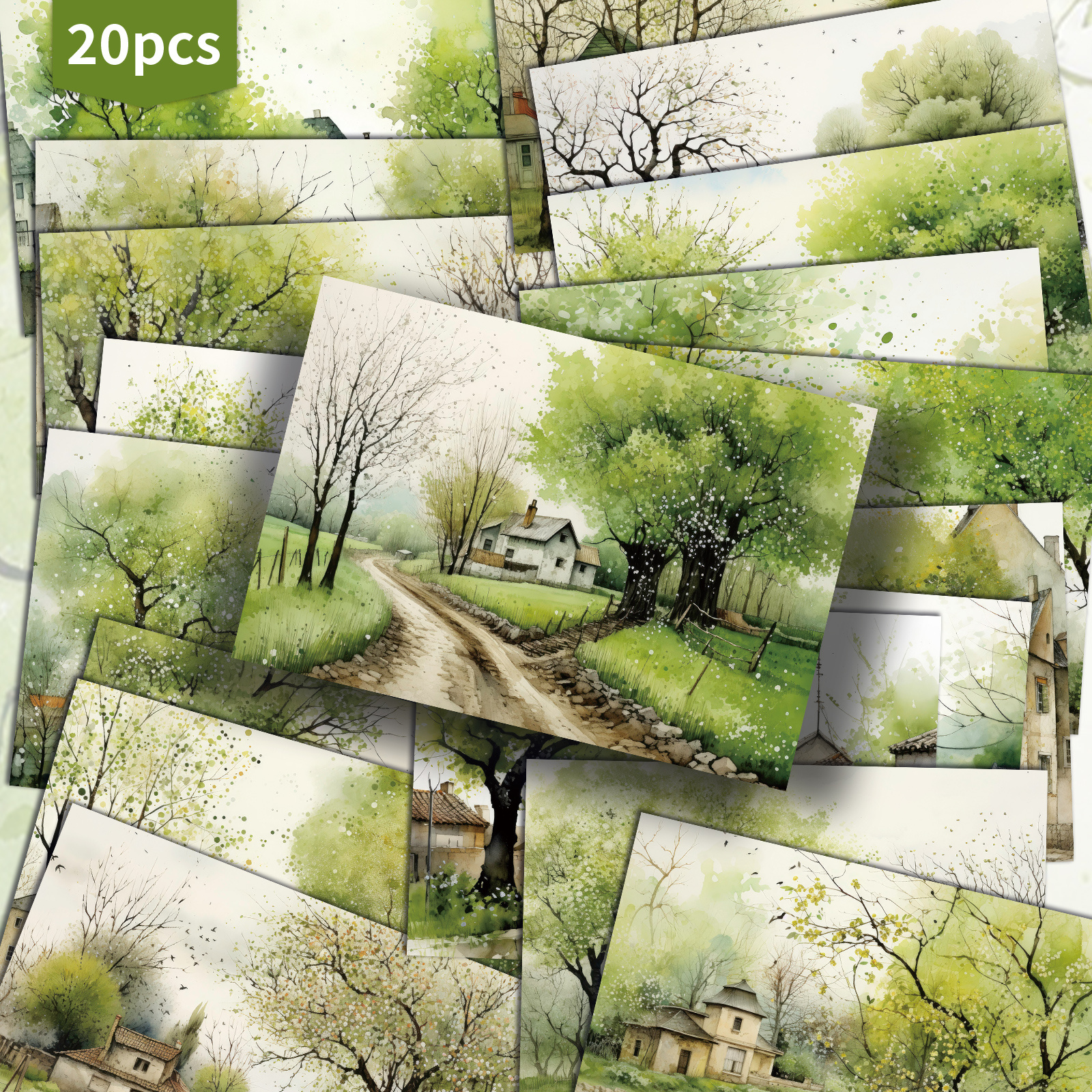 TEMU 20-pack Asstss Vintage Watercolor Town Suitable For Scrapbooking & Crafting - 4x6 Inches Retro Pinup Cards With Vintage , Green & Multicolor