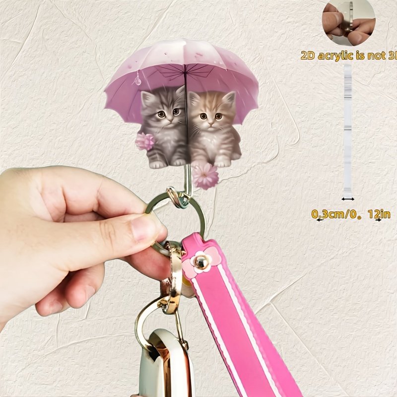 TEMU 2d Flat 1pc Cartoon Pattern Auxiliary Hook With 2 Cute Cats Holding Umbrellas - Easy And Beautiful - No Drilling Required, Traceless Door And
