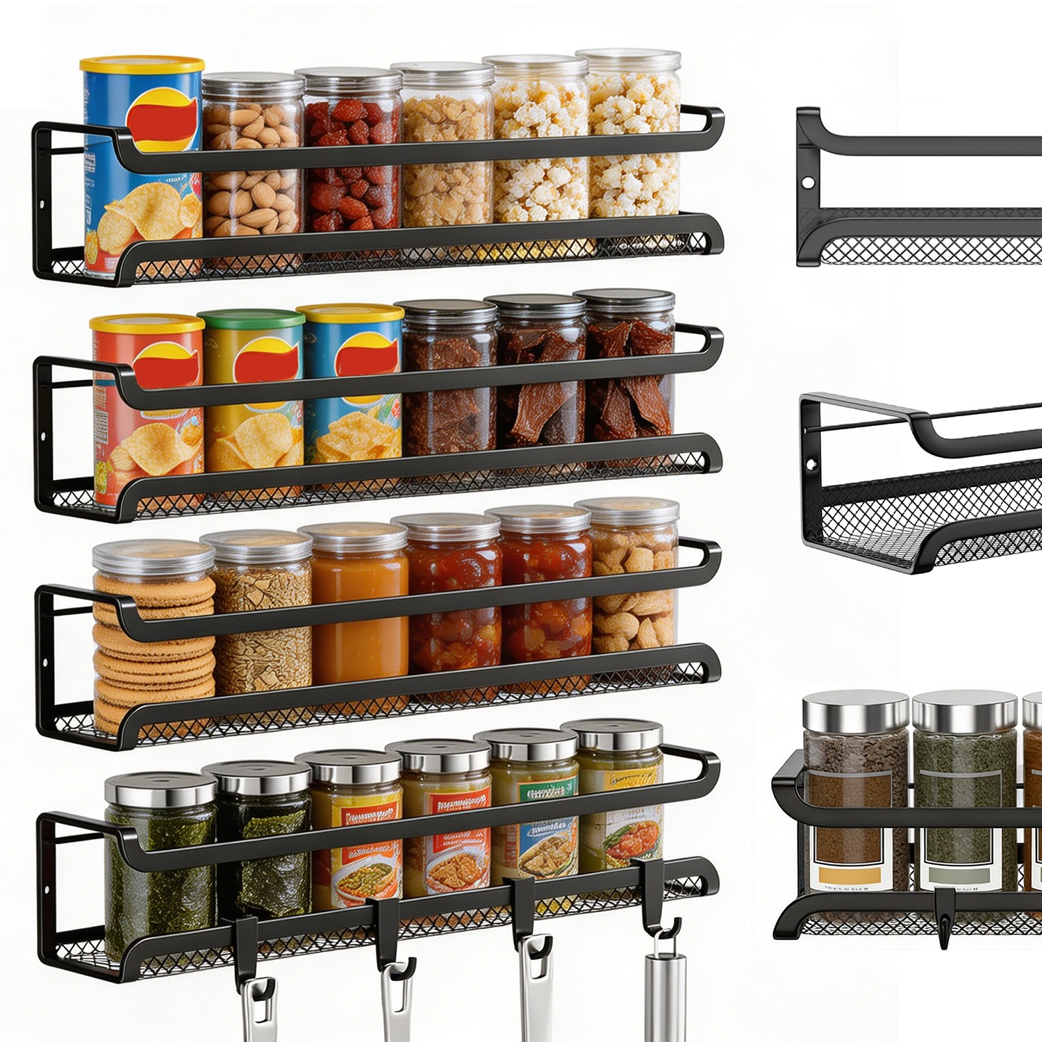 4pcs Wall-mounted Storage Rack & Kitchen Spice Organizer-supports Freestanding Placement And Wall Mounting; Suitable For Use In Kitchens, Bathrooms, Craft Areas, And Laundry Rooms.