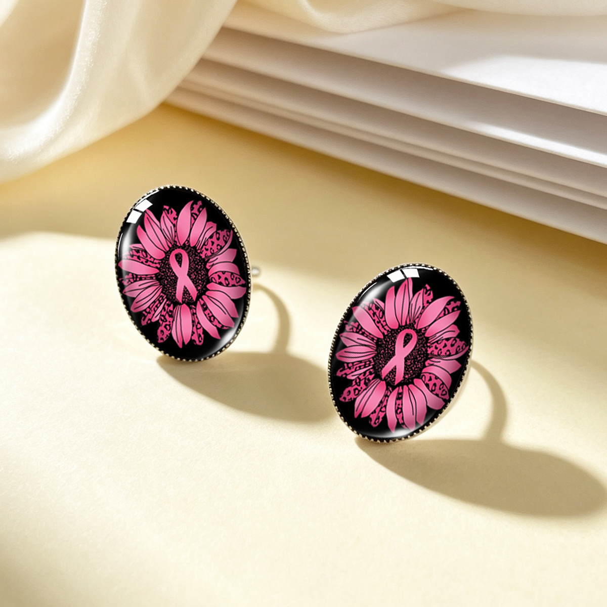 Pink Sunflower Ribbon Pattern Oval Stainless Steel Stud Earrings