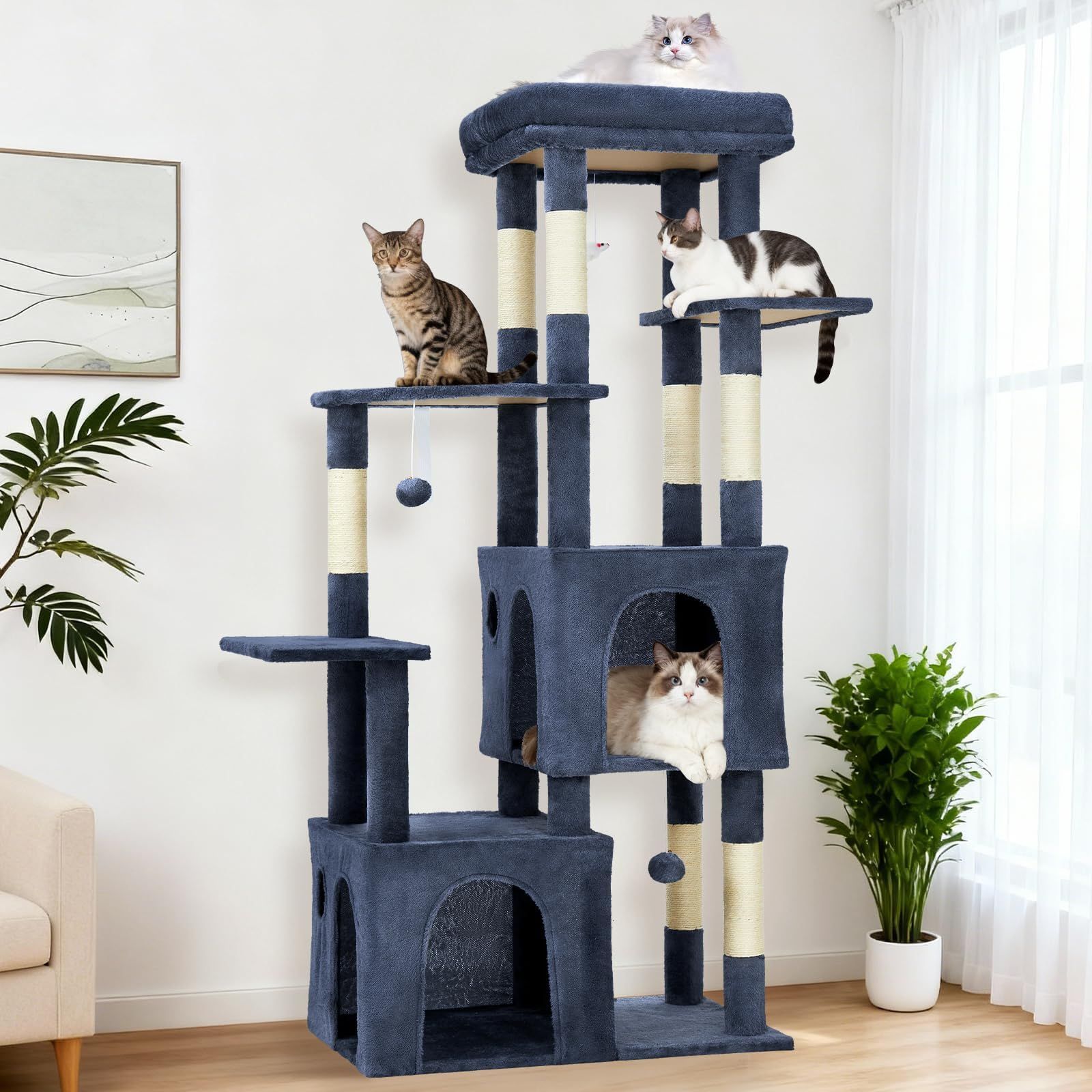 61. 81 Inch Large Cat Tree Tower For Indoor Cats, Particle Board & Plush Multi-level Cat Condo, Sisal Scratching Posts, Cat Cave, Hammock, Hanging Ball & Extended Platform For Large Cats