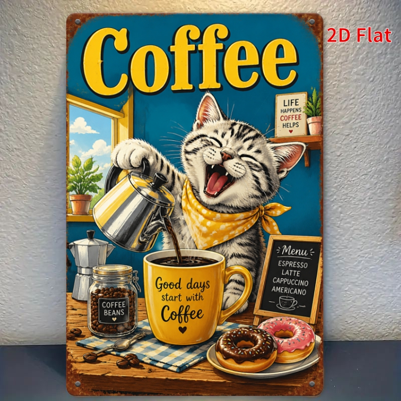 TEMU 2d Flat - [2d Flat], 1pc - Good Day Sign, Fun Kitten Coffee Decor Plaque, Wall Art, Suitable For ' Kitchen