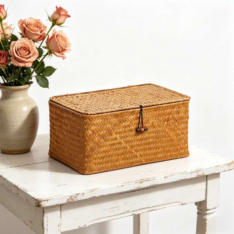 TEMU Panier de rangement grande taille , 11.61 X 7.68 X 4.92 pouces, version étendue, panier de rangement vintage tissé à avec couvercle, boîte de