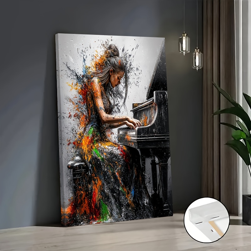 TEMU Plat 2D, Mur Piano Moderne - Cadre sur Toile Enveloppant pour Salon, Musique Encadrée en Bois , Décor Minimaliste 16x24 ou 36x36 Pouces, Bureau,