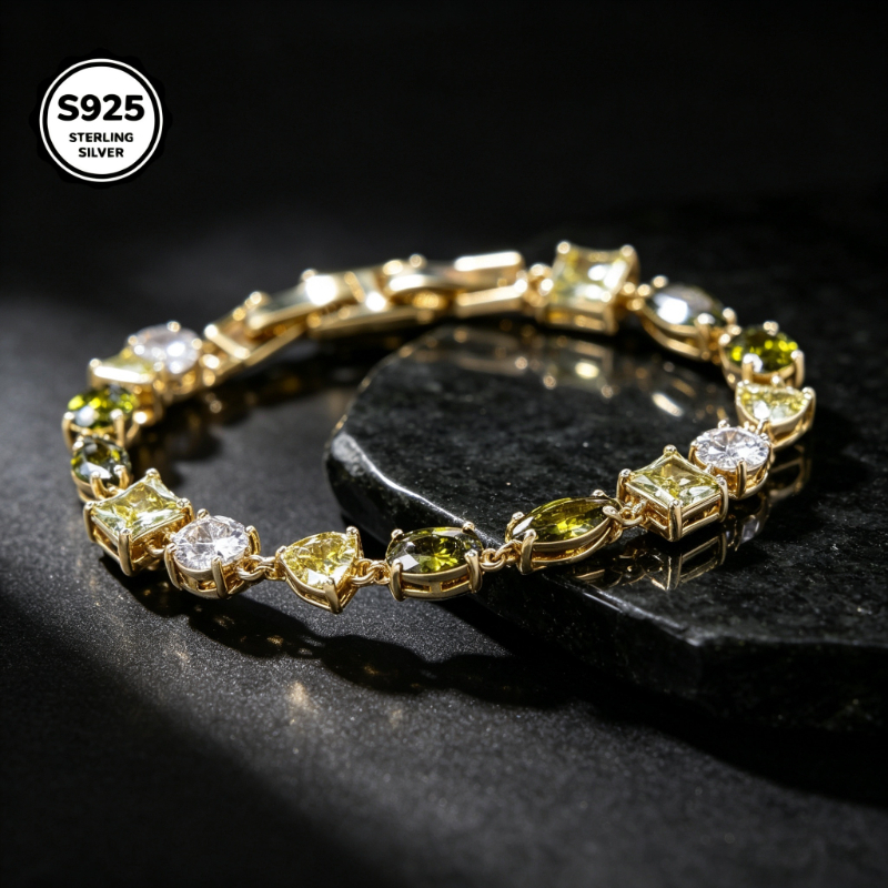 Image of 925 Golden Mixed Shape Synthetic Zirconia For Women, Alternating Link Dainty Wrist Jewelry, Gift For Valentine's Day Mother's Day Christmas Birthday Anniversary Thanksgiving New Year, With Gift Box