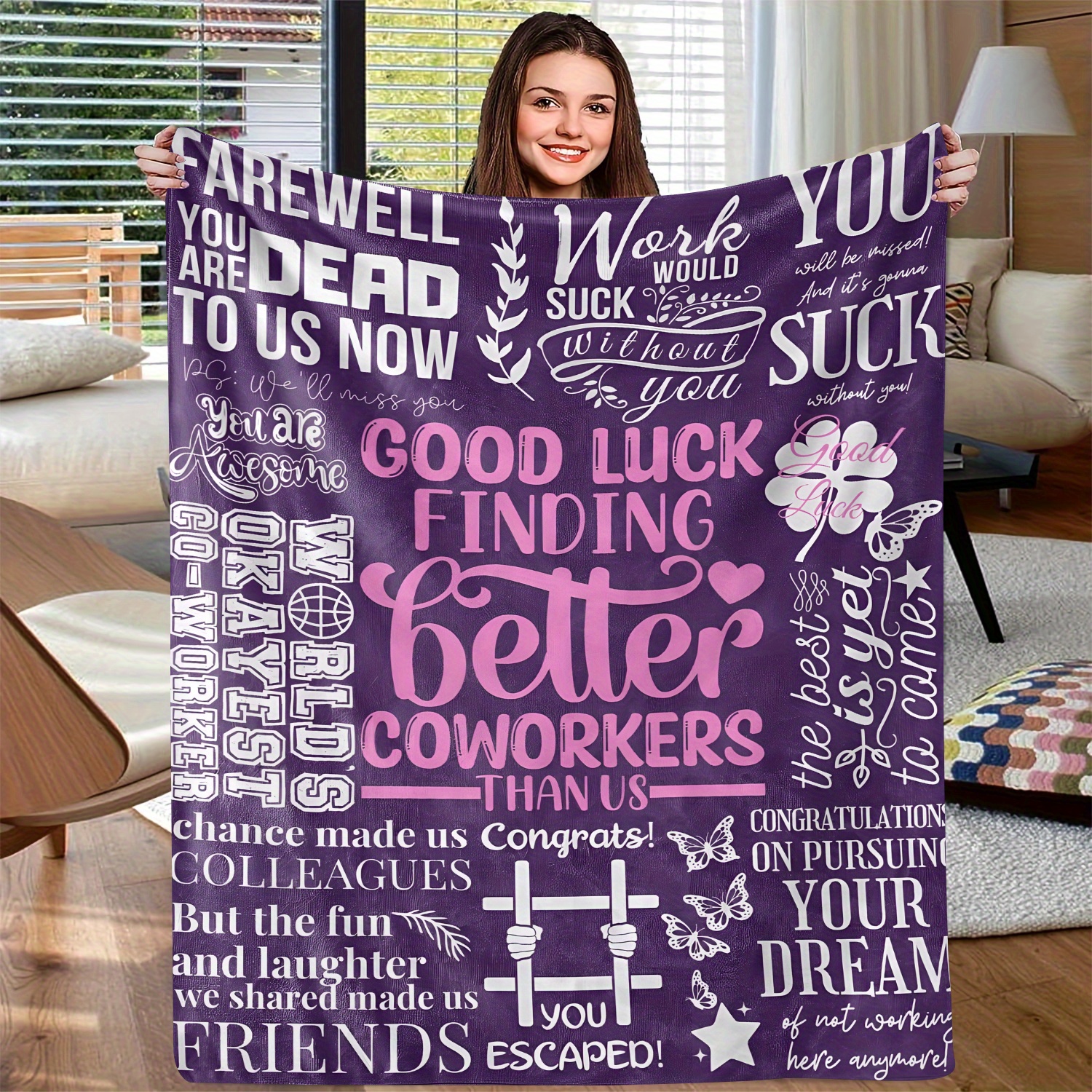 farewell good luck   better coworkers polyester flannel throw blanket   contemporary   knitted   blanket purple themed funny leaving colleague present details 4