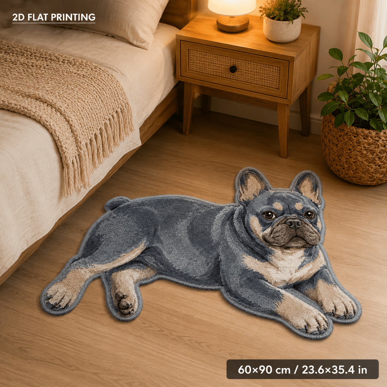TEMU 1pc French Bulldog 850gsm 7mm Thick Velvet 2d Flat Printed Shaped Rug Lying Dog Shaped Non Slip Area Rug Machine Washable Decorative Carpet For