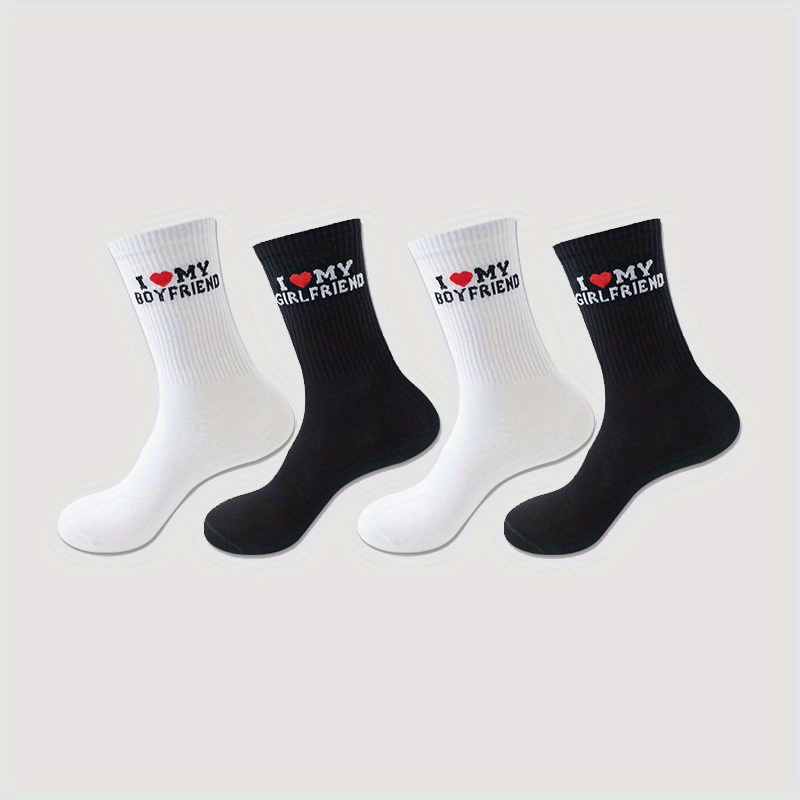 Anti-odor Breathable, Men Women Couple Socks, Matching Crew Socks With Cute Letter Pattern, Moisture Absorbing Breathable Socks For Daily Outdoor Wear