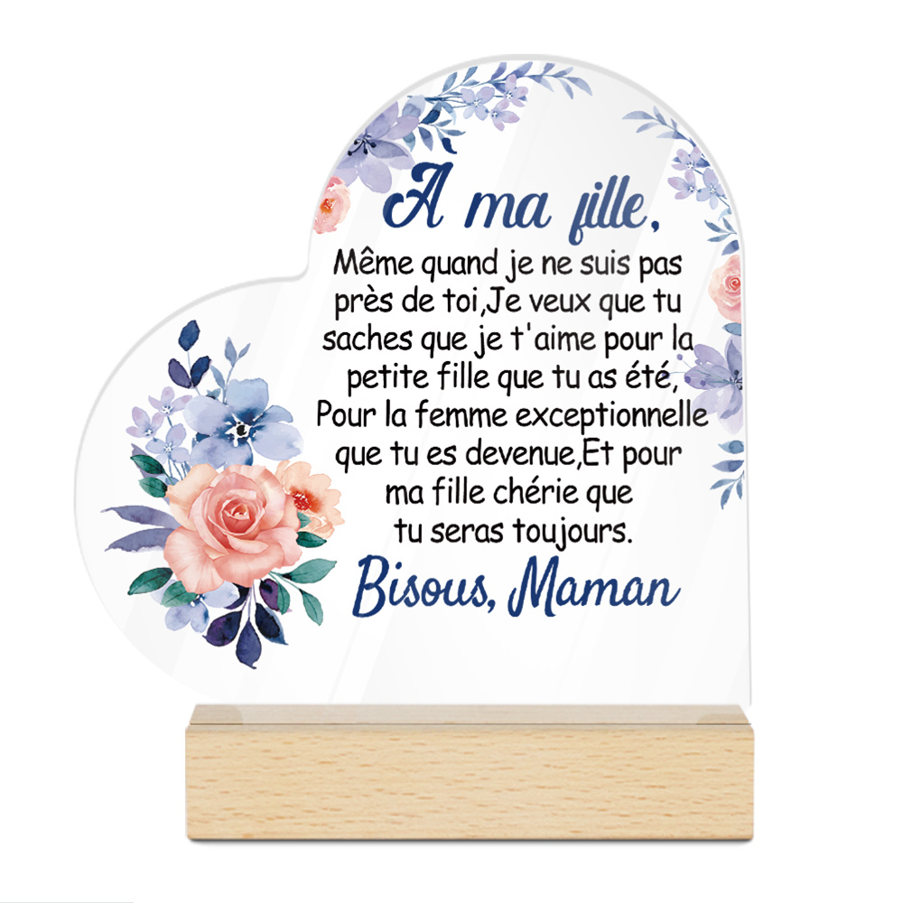 TEMU Plaque acrylique française de cœur, 1 pièce, plate 2D avec base en bois - français "à " - Décoration de table, cadeau parent-fille de , les