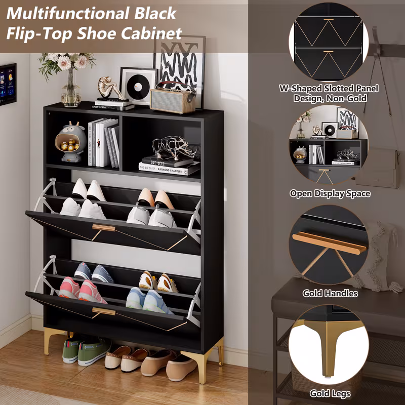 modern white black shoe cabinet hallway storage 4 door freestanding entryway organizer with 2 semi open shelves metal legs space saving 80x25x117cm 31 5 x9 84 x46 heavy duty non wood cabinet for living room wardrobe 7