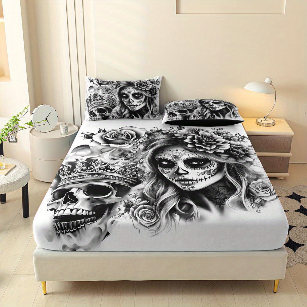 TEMU Juego de sábanas ajustables con estampado de esqueleto del rey, 3 piezas, de colchón Queen, protector de colchón Twin, ropa de cama estilo King