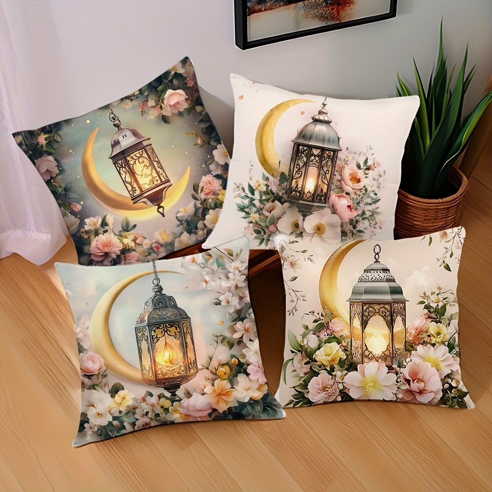 

Ramadan 4pcs Crescent Flower And Lantern Printed Pillow Covers, -friendly Polyester, Zippered Sofa Cushion Covers For Home Decor, Hand Wash Only, Fast Lamp, Places, No Pillow