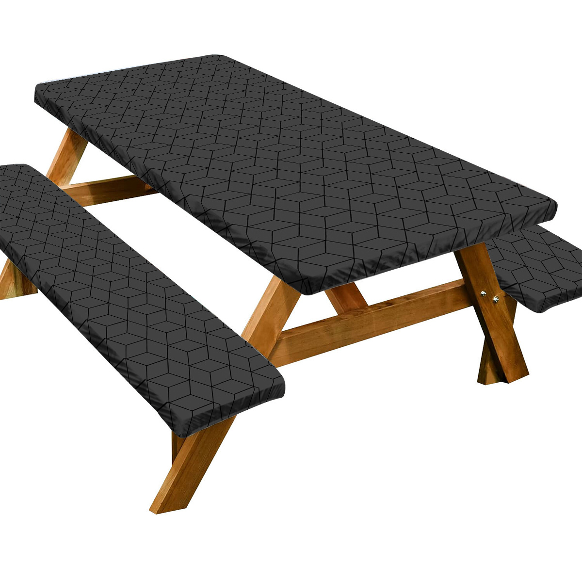 TEMU 3pcs (1 Tablecloth   2 Stool) Cover Picnic Fitted Table Cover, Black Geometric Pattern Picniccover, Outdoor Patio Camping Essentials 72inch,