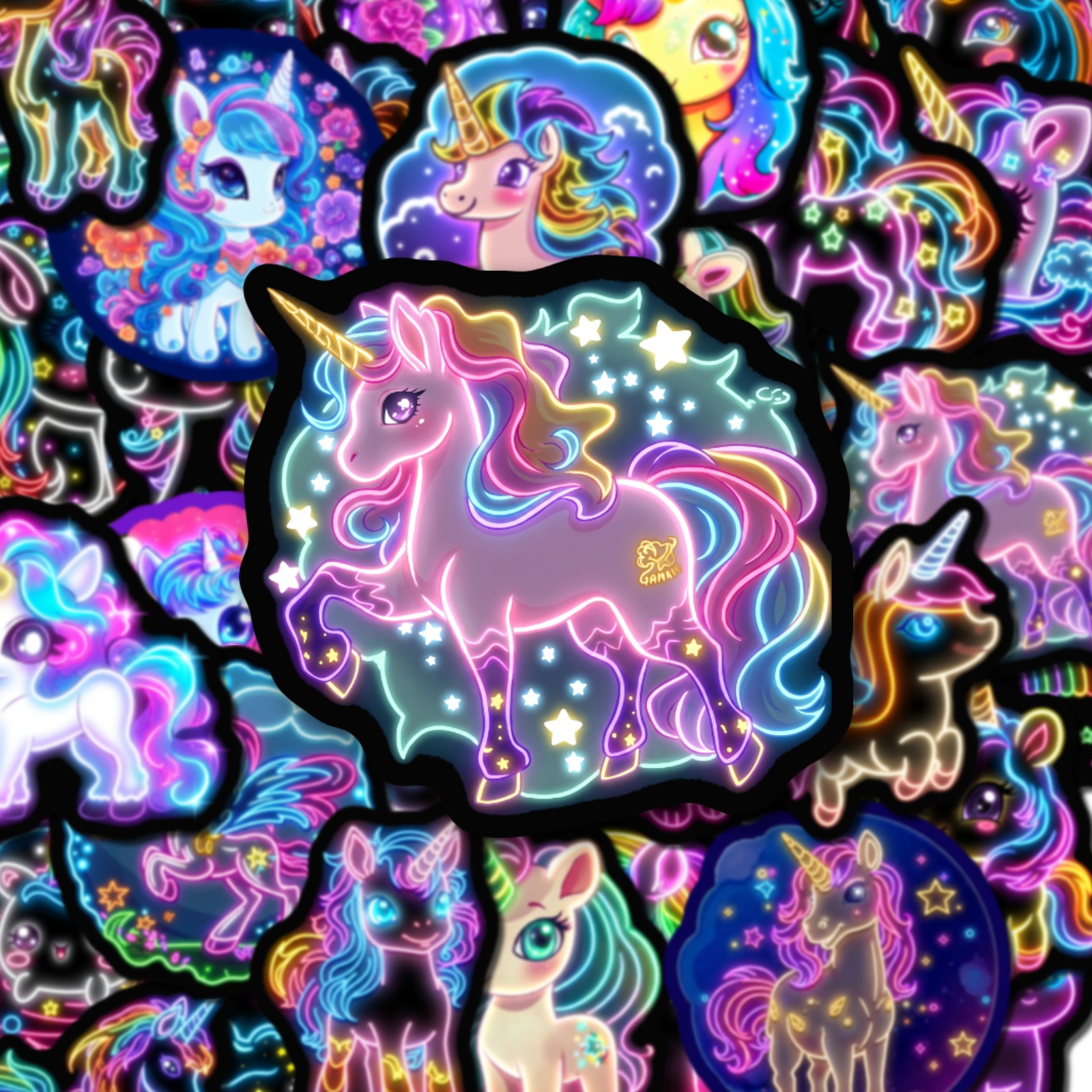 50pcs Fluorescent Unicorn Stickers Durable Cartoon Decals Neon Shape Design For Gift Party Laptop Bottle Luggage Decoration Glow Creative Gift