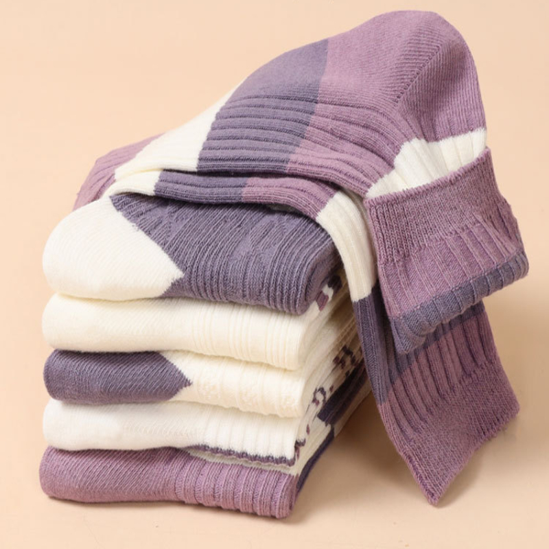 5-pair Women's Purple Striped Socks, Spring/autumn/winter Double-needle Solid Socks, Sweat-absorbent And Breathable Autumn/winter Socks