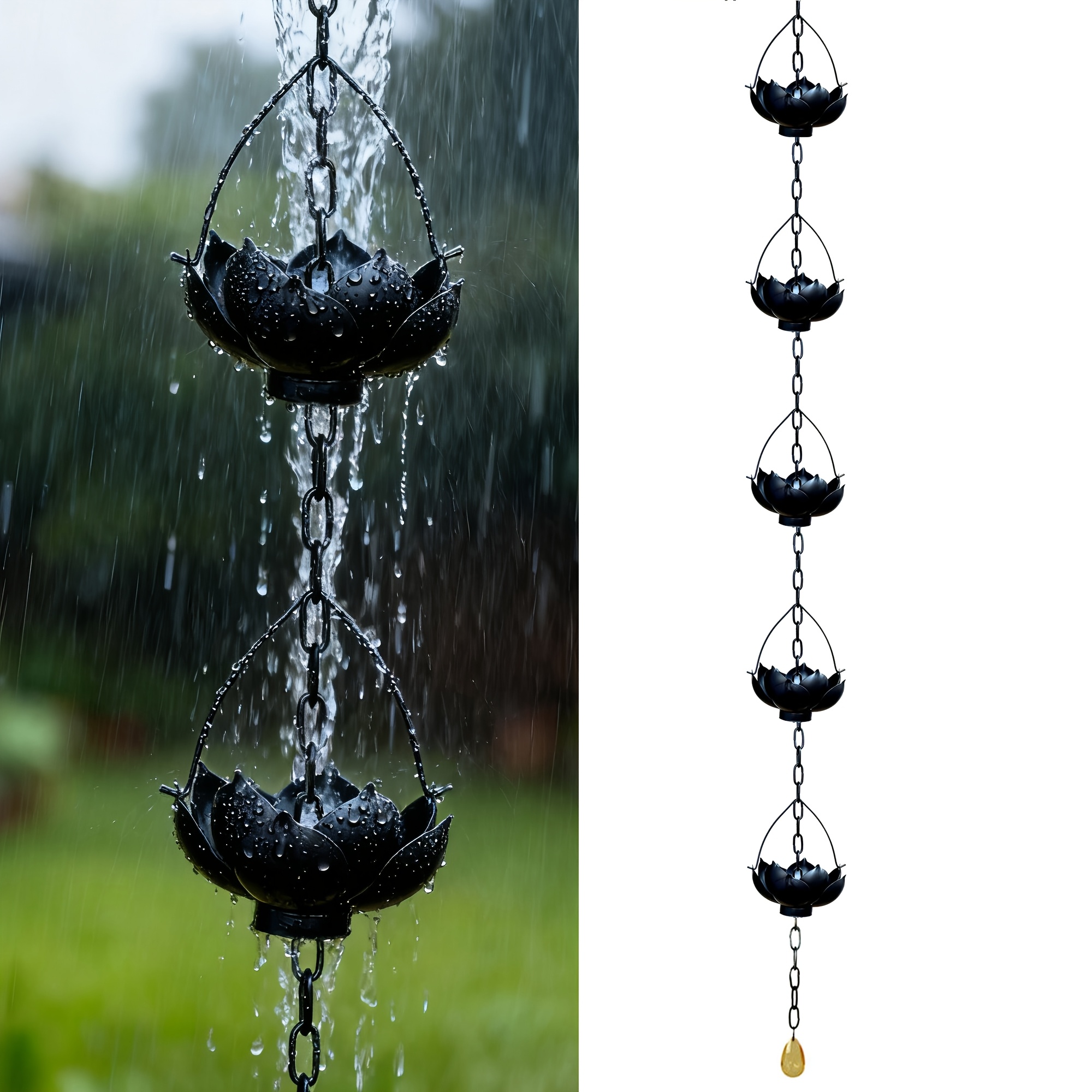 TEMU grande chaîne de pluie en métal lotus, cloche à eau lotus décorative de cour, système de drainage en fer , décoration d'extérieur de style zen