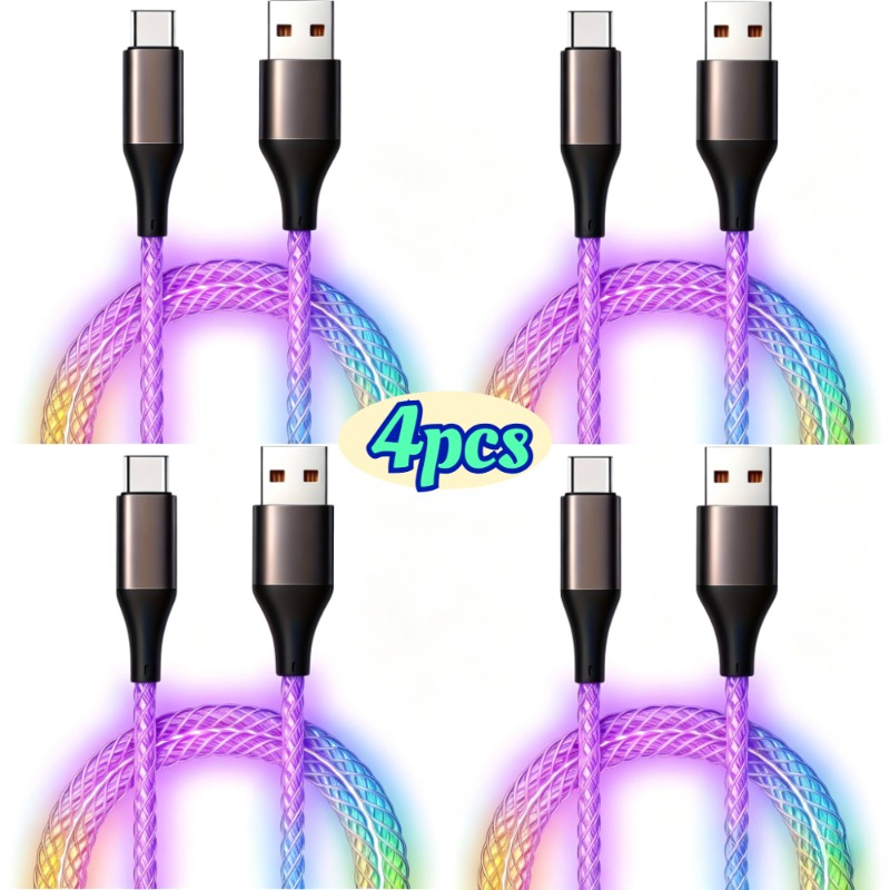 TEMU 4pcs Usb C Led Light Up Fast Charging Cable, 66w Rgb Gradient Color Changing Type C Charger Cord, 3ft Colorful Data Sync Cable, Glow Charging