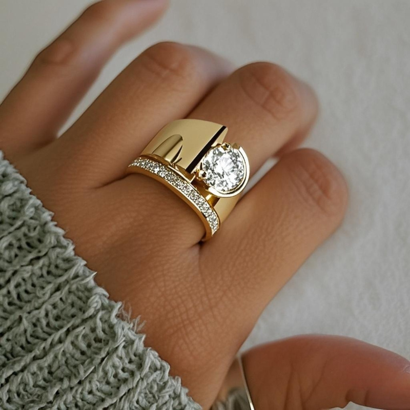 TEMU European Wide Face 14k Gold Plated Golden-plated Synthetic Cubic Zirconiaia Ring With A Unique And Niche Design, Suitable For Women's Weddings,