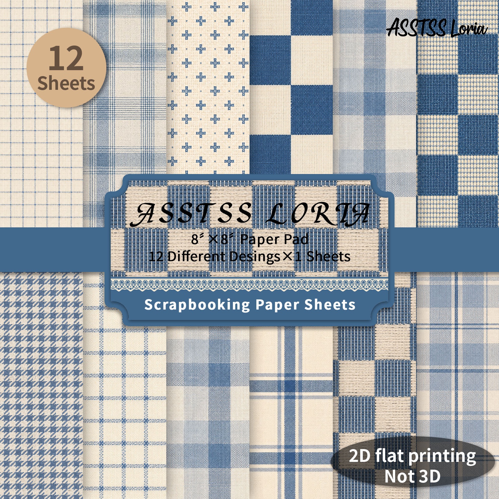 TEMU 12-sheet Asstss Loria Scrapbooking Paper Pad - Heavyweight Cardstock Suitable For Journaling, Collage Art & Crafts, Checkered Backing Paper With