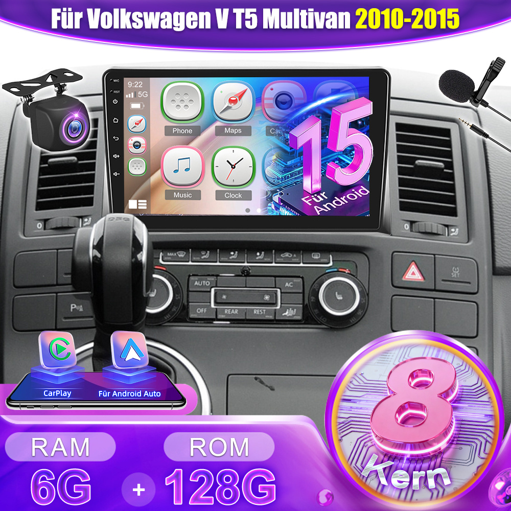 Image of 8core 6gb+128gb 15 With Carplay For V T5 From 2010 To 2015, Featuring A 9-inch Ips Touchscreen, Navigation, Wifi, Equalizer, Steering Wheel Control, , Fm Rds Radio, And Hd Camera, Without Battery
