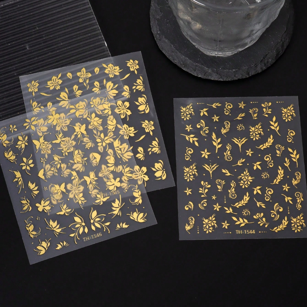 Image of 3pcs Flower And Leaf Nail Stickers, Golden Floral Leaf Petal Nail Decals, Nail Decorations, Diy Nail Supplies
