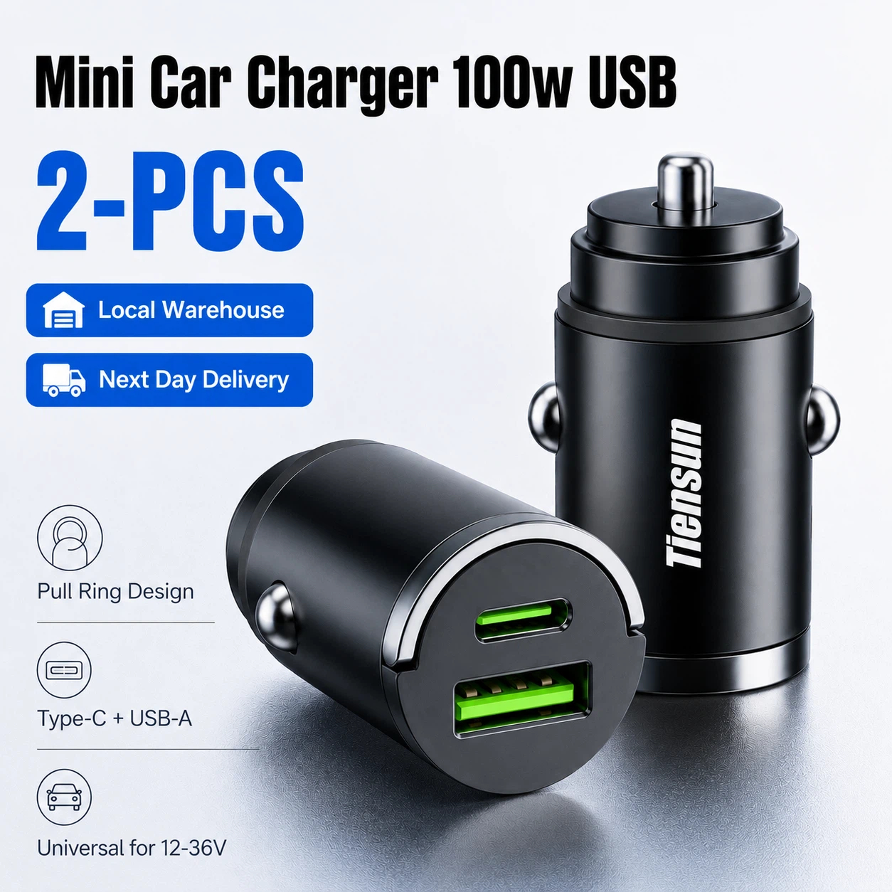 [2-pack] Car Charger, 100w , Hidden Car Adapter, Usb C+a Charging With Functional Pull Ring Design, Yp37838ssi, Power Adapter For Car Socket, Without Battery
