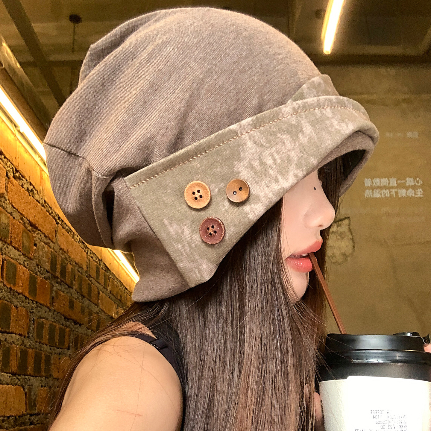 Stretchable Japanese Retro Button Pile - Large Head Winter Hat Suitable For Face, Brown Unisex For Back-to, Cold Weather & Layering, Machine Washable Button Closure (large Head )