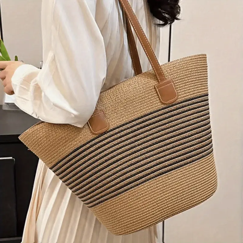 chapeau de paille pour femmes avec sac , chapeau de plage rayé dété à large bord et protection solaire pour en extérieure détails 0