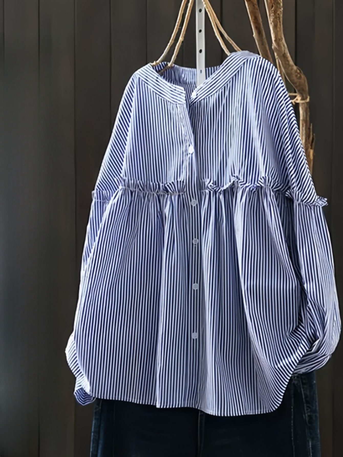 【2026年最新】レディース ブルーストライプシャツ 3/4袖 夏新作 ゆったりサイド トップス アンダーシャツ ブラウス