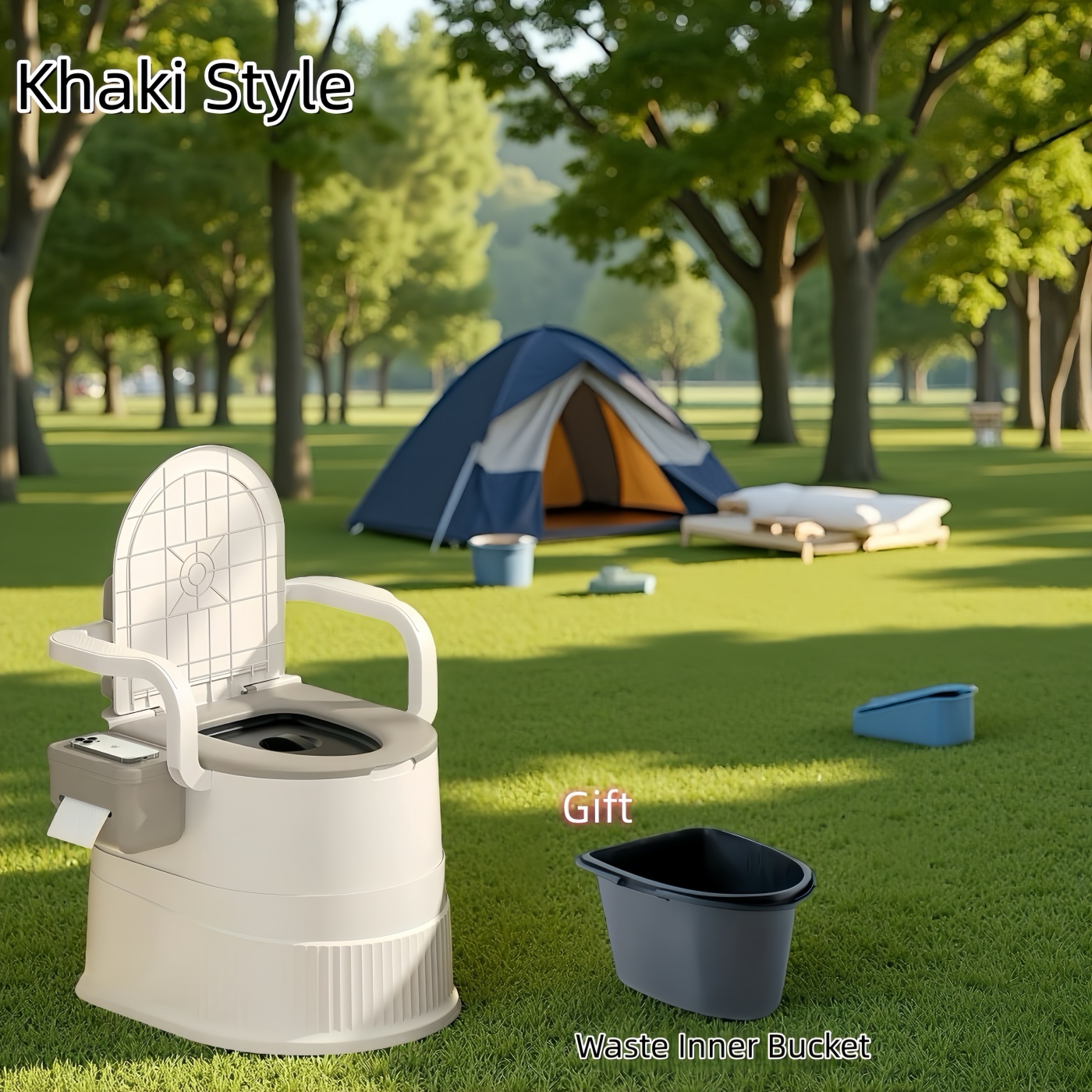 TEMU Toilette de camping portable avec couvercle, antidérapante et stable, de charge 150 kg, commode mobile avec accoudoirs, et porte-essuie-tout,