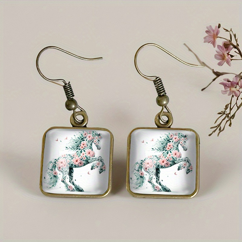 Vintage Glass Drop Earrings with Floral Designs