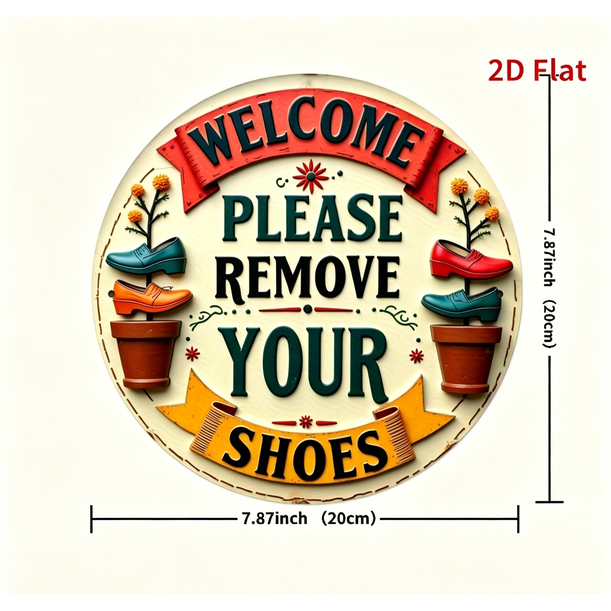 TEMU 2d Flat Wooden Print 1pc, Round Wooden Sign - Welcome Please Remove Shoes, Colorful Shoes And Potted Plants Wall Decor, Suitable For Home,