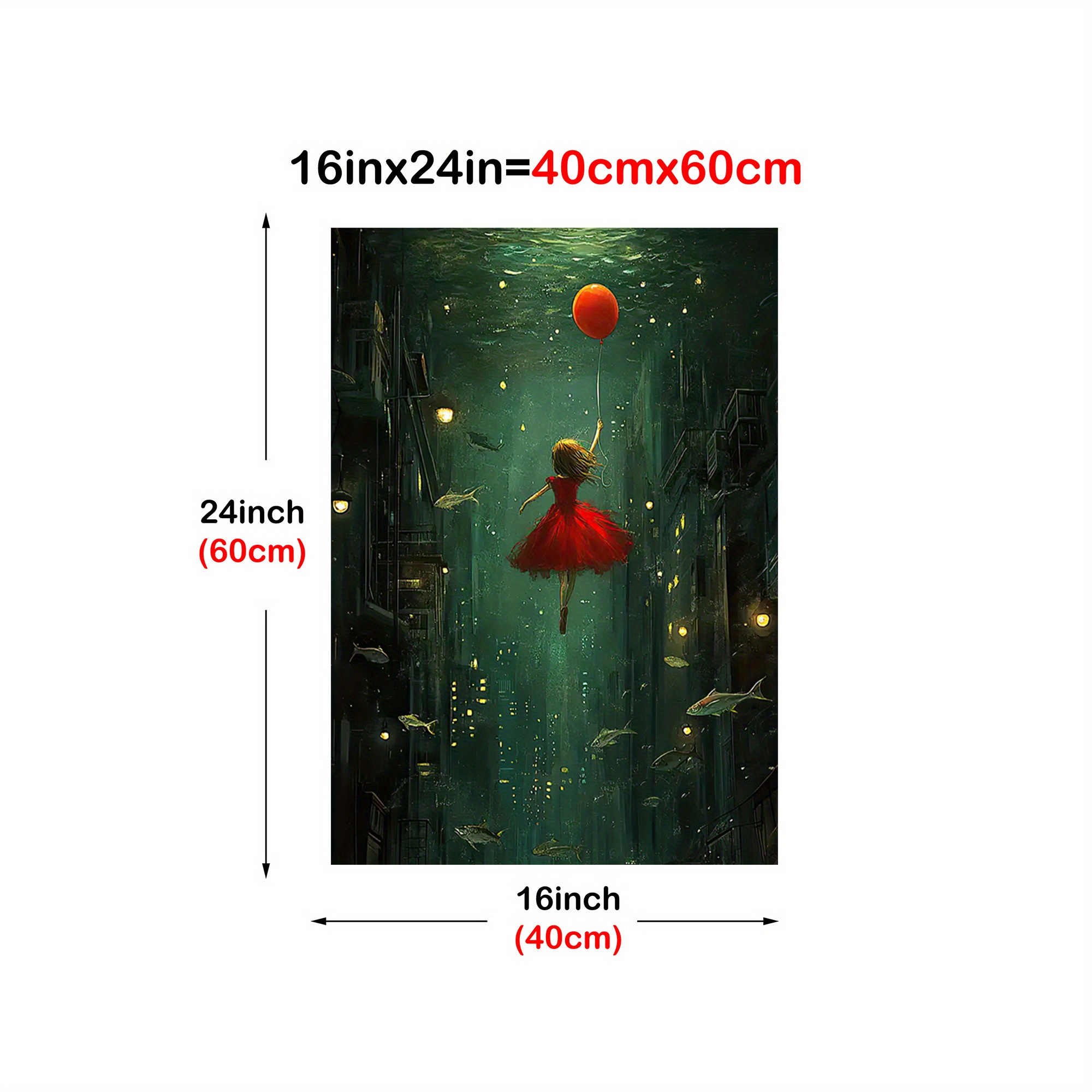 1pc Frameless Dream Cityscape Canvas Art – Whimsical Dress & Floating Fish, Imaginative Underwater Scene With Balloons & Stars, Bedroom, Dorm, Wall Decor