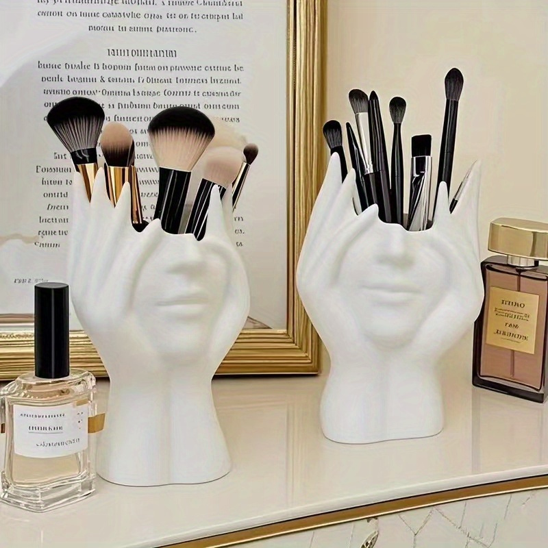 1pc     pen makeup brush holder durable plastic multifunctional desk organizer   office decor with hands covering eyes design details 0