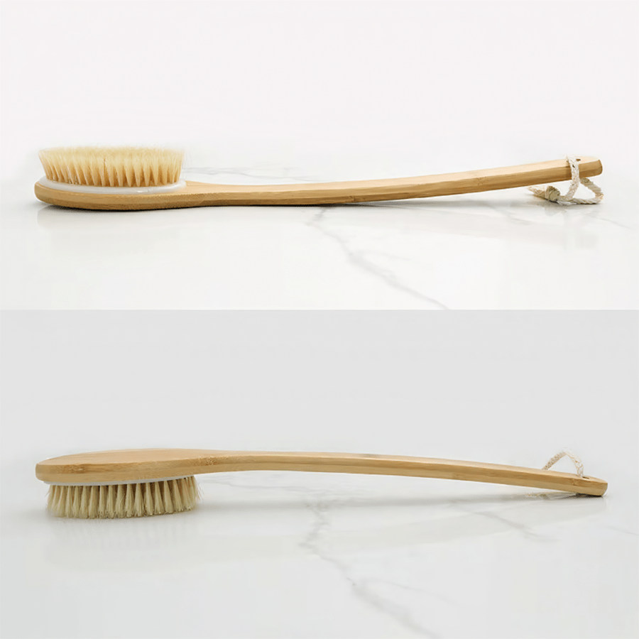 1pc bamboo long handle bath brush, the handle is curved, easy to reach the back, waist and other hard-to-clean parts, wet or dry, remove body dead light beige and   dirt. no power supply required, back scrub brush | bath body brush Product details 0