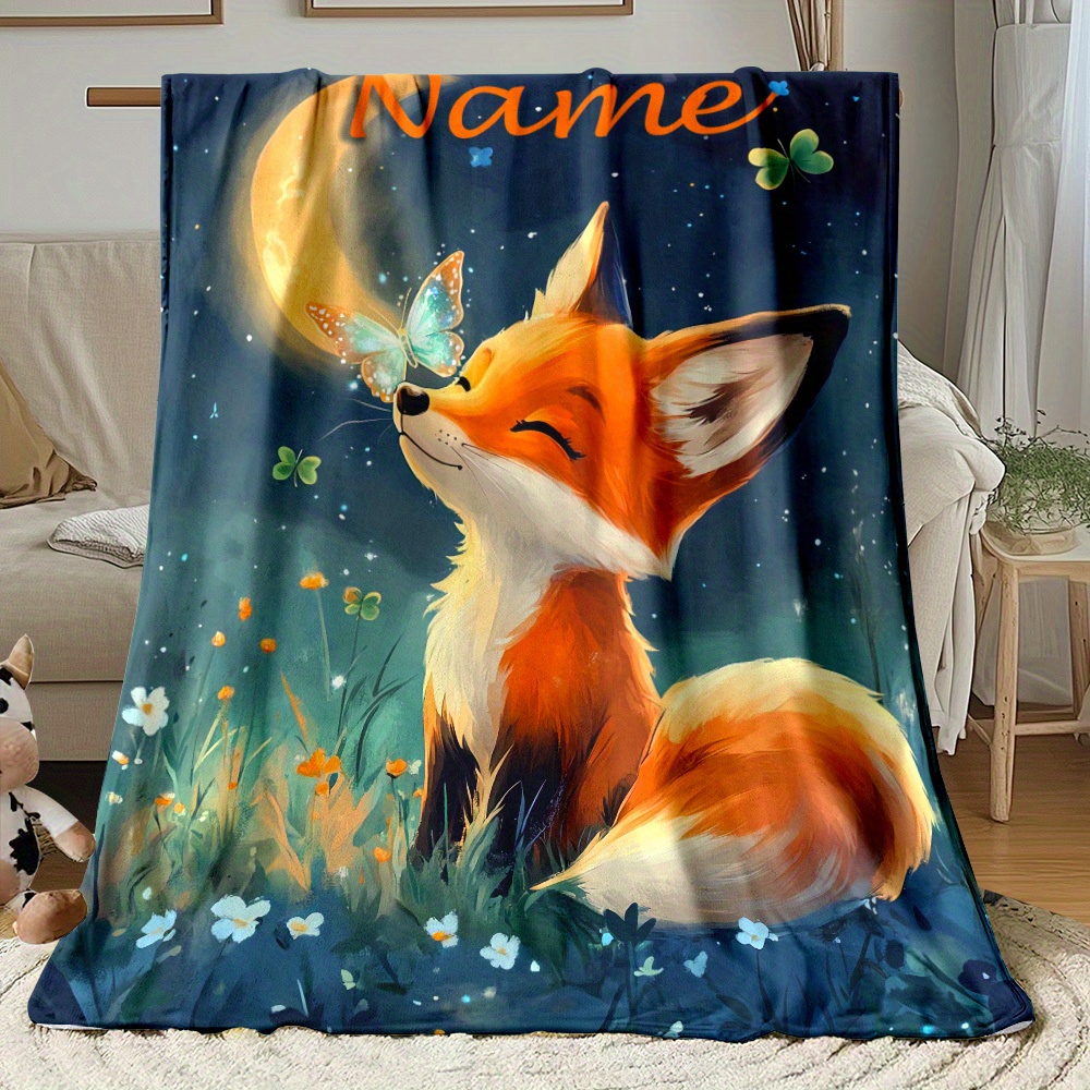 TEMU [custom] 1pc Fox In Grass Custom Name Blanket - Lightweight Suitable For Sofas, Travel, Camping, Living Rooms, Offices, Sofas, Chairs, And Warm