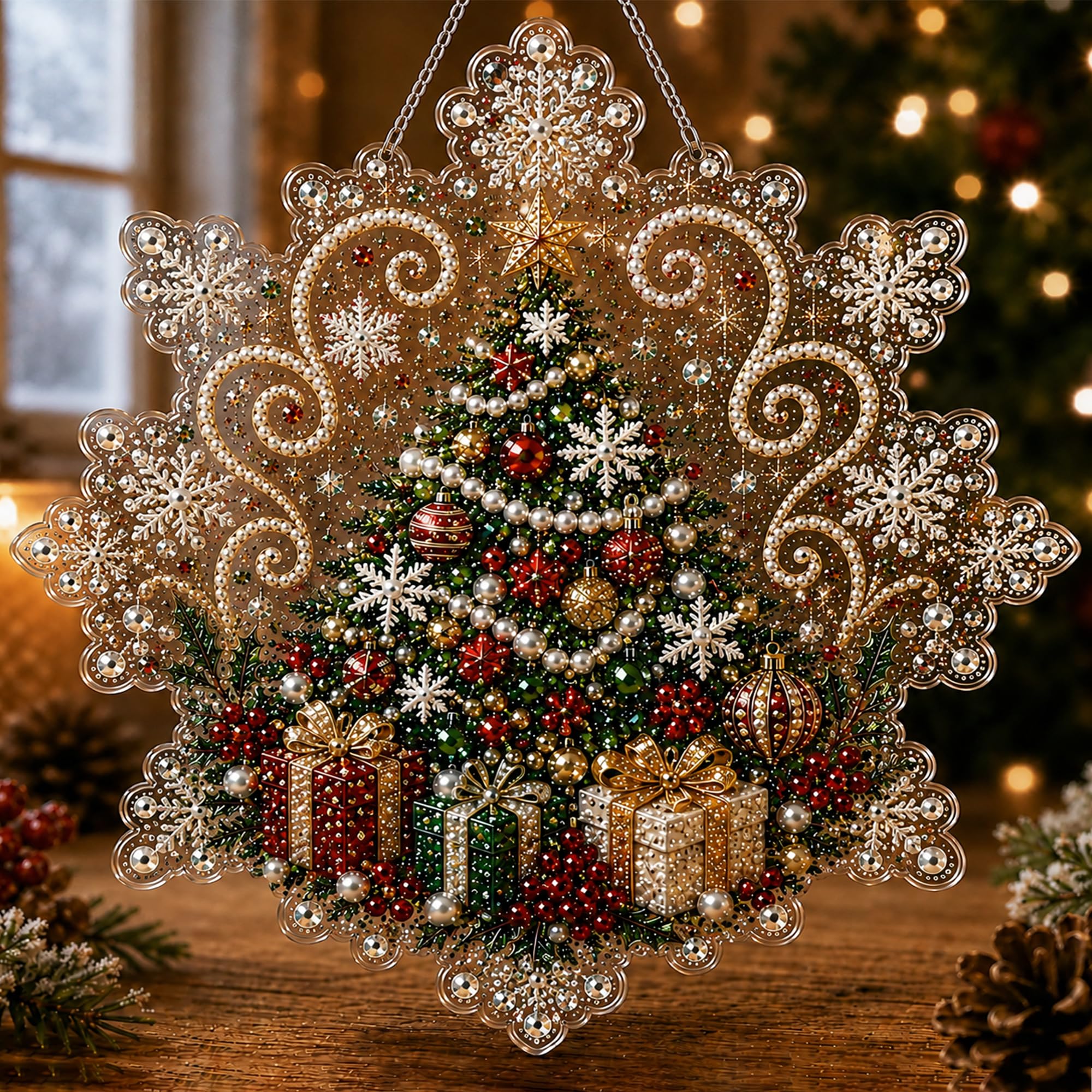 TEMU 2d Flat Christmas Pearl Diamond Painting Sun Catcher Set, Diy Handmade Craft| Pre-installed Metal Chain, Acrylic Snowflake Shape Board With Lace