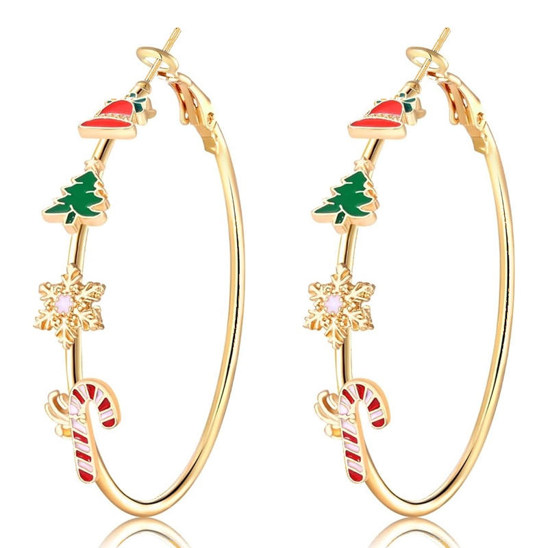 TEMU Boucles d'oreilles Mode Dorées Grande Cercle Design Émail Coloré Arbre de Neige Éléments de Noël pour Femmes Fête Banquet Boucles d'Oreilles